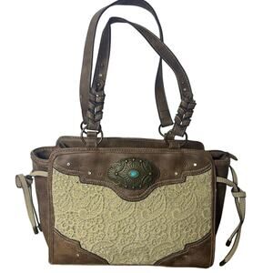 Justin Western Lace Tote Shoulder Bag Brown Ivory Turquoise Concho Boho